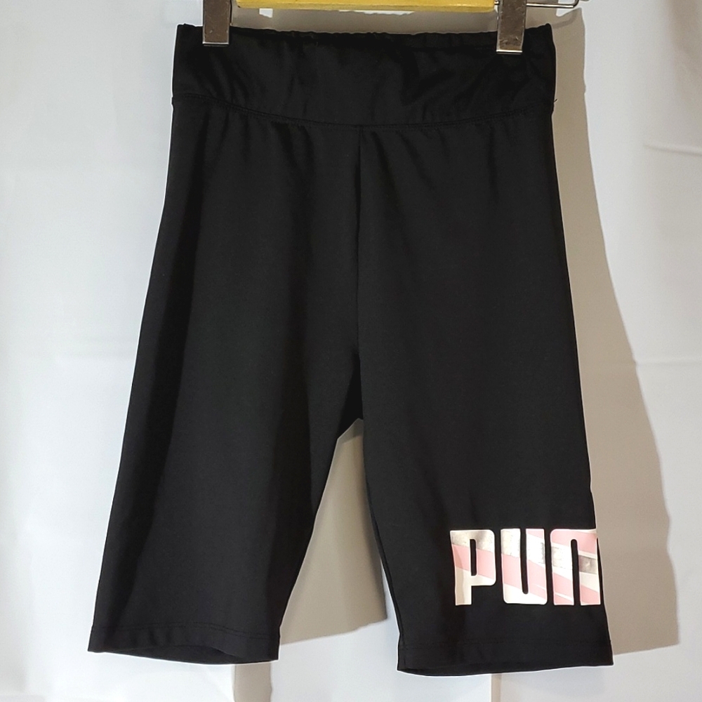 Puma Youth Black Short Tights with Pink/Silver/White Logo on Leg - Size 14/16